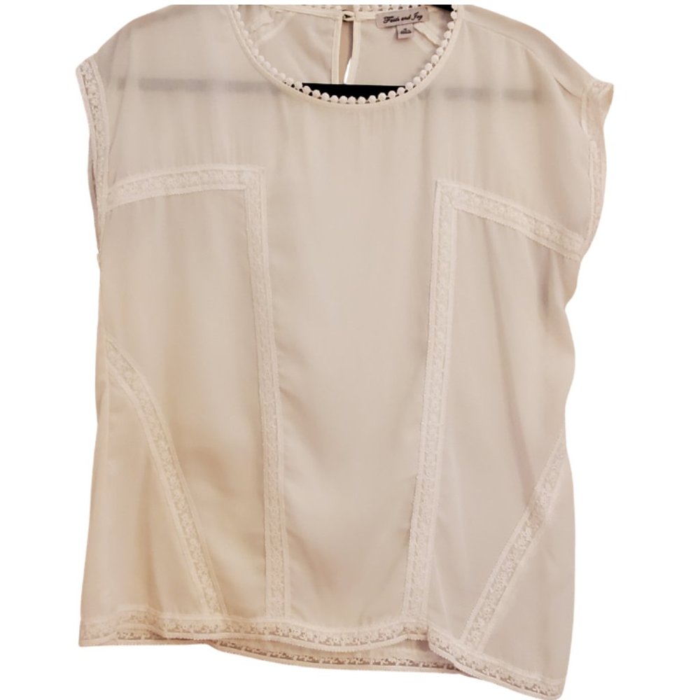 Faith & Joy White/Ivory Lace Trim Pom Pom Neck Blouse - SZ Small